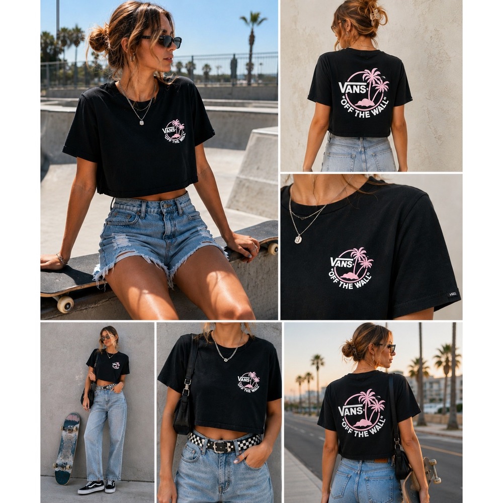 Vans Crop Top Womens M Black Pink Palm Tree Graphic Boxy Off The Wall Y2K Skater